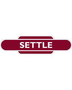 Metal totem-style station sign: Settle 