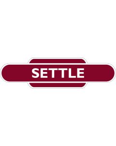 Metal totem-style station sign: Settle